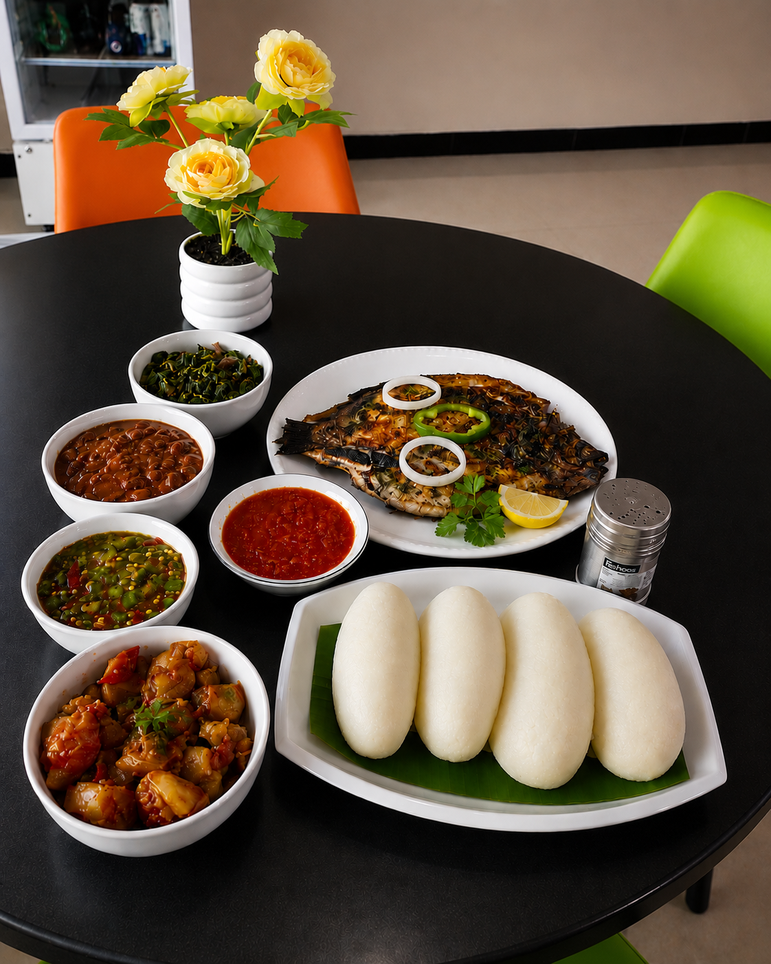 Charcoal-grilled fish with traditional sides