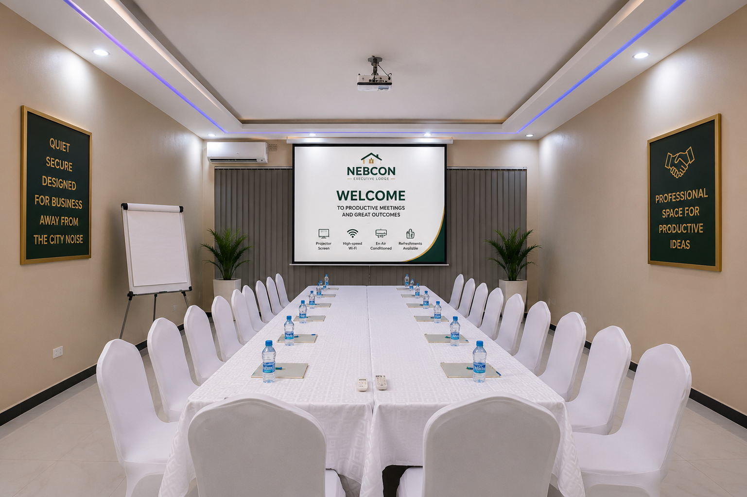Empty Nebcon boardroom set up for a conference